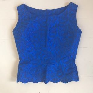 Vintage 1960s blue peplum top, sleeveless blouse Button back, scalloped.